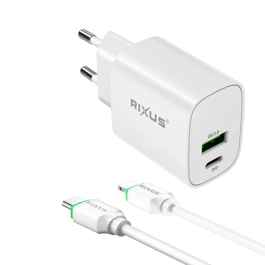 RIXUS Chargeur Rapide 20W Double Port + Cable 100 cm USB-C/Lighting – Image 2