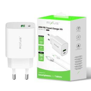 RIXUS Chargeur Rapide 20W Double Port + Cable 100 cm USB-C/Lighting