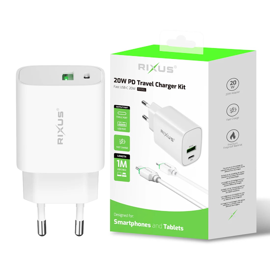 RIXUS Chargeur Rapide 20W Double Port + Cable 100 cm USB-C/Lighting
