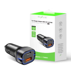 Chargeur Voiture USB-C + QC3.0 38W Noir Rixus